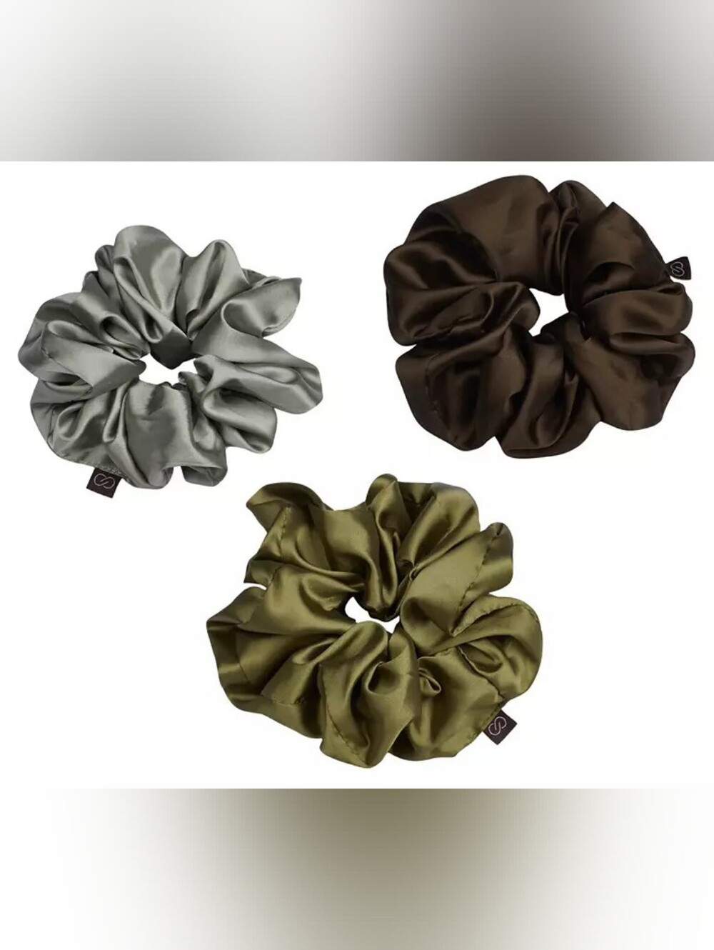 Calia Women's Satin Scrunchie 3-Pack - Silver Green Brown - NWT Hair Ties